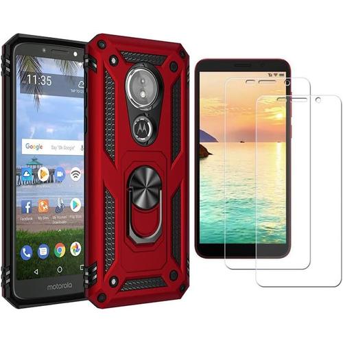 Coque Pour Motorola Moto E5 Case Avec 2 Protecteur D'écran En Verre Trempé Et Support De Bague,Soft Silicon Tpu + Hard Pc Cover Anti-Rayures Antichoc Housse Pour Motorola Moto E5,Rouge