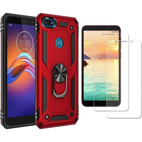 Coque Pour Motorola Moto E6 Play Case Avec 2 Protecteur D'écran En Verre Trempé Et Support De Bague Soft Silicon Tpu+Hard Pc Cover Anti Rayures Antichoc Housse Pour Motorola E6 Play Rouge