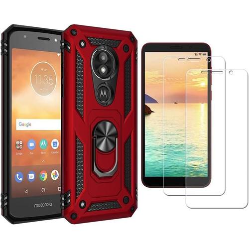 Coque Pour Motorola Moto E5 Play Case Avec 2 Protecteur D'écran En Verre Trempé Et Support De Bague,Soft Silicon Tpu + Hard Pc Cover Anti-Rayures Antichoc Housse Pour Motorola E5 Play,Rouge