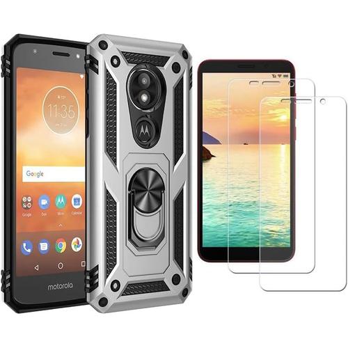 Coque Pour Motorola Moto E5 Play Avec 2 Protecteur D'écran En Verre Trempé,Support De Bague,Souple Tpu + Dur Pc Etui De Protection Qualité Militaire Anti-Chute Antichoc Etui Housse,Argent