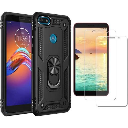 Coque Pour Motorola Moto E6 Play Avec 2 Protecteur D'écran En Verre Trempé Support De Bague Souple Tpu+Dur Pc Etui De Protection Qualité Militaire Anti Chute Antichoc Etui Housse Noir