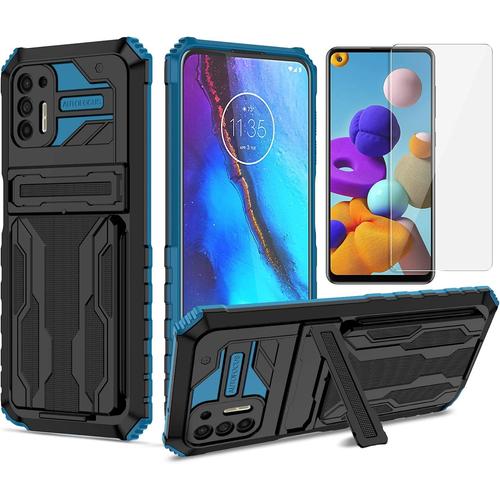 Coque Pour Motorola Moto G Stylus 2021 Housse + 1verre Trempé Protection Écran,Avec Stand Fente Pour Carte Souple Tpu Inner Shell Pc Hard Cover Case Protection Etui Pour Moto G Stylus 2021,Bleu