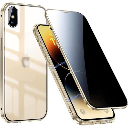 Coque Anti Espion Pour Iphone Xs/Iphone X Avec Protecteur D'écran,Étui Antichoc De Protection 360 Integrale Pare-Chocs En Métal Double Face En Verre Trempé Privacy Case,Or