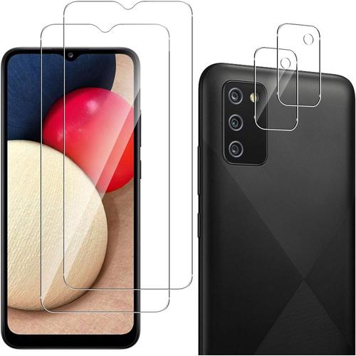 Protecteur D'écran Pour Samsung Galaxy A02s 2 Pièces + Protecteur D'objectif D'appareil Photo 2 Pièces, Verre Trempé Haute Sensibilité 9h Hd Pour Samsung Galaxy A02s