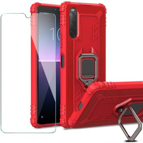 Coque Pour Lg Velvet 5g 6.8"" Cover Rotatif À 360 Degrés Bague De Doigt Housse Etui Shell + Verre Trempé Écran Film Protecteur Red