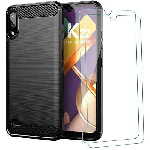 Cover For Lg K22 Coque Silicone Tpu Bumper Fibre De Carbone Souple Housse 6.20"" + Verre Trempé Protecteur D'écran 1 Noir Téléphone Étui,2 Pièce Film Trempé