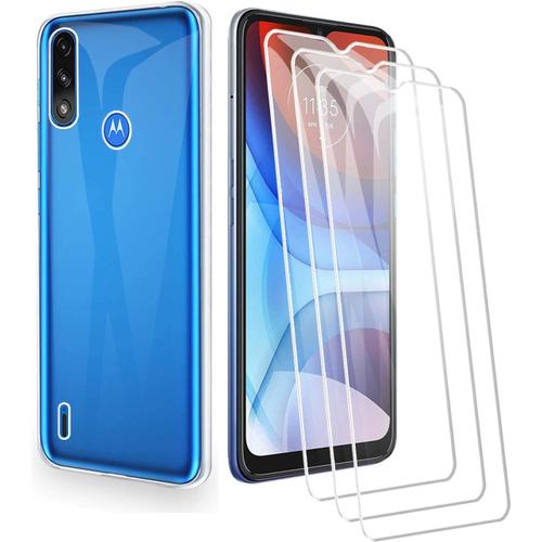 Protection Coque Pour Motorola Moto E7i Power Tpu Étui Silicone Transparent Housse Shell+Gratuit 3 Pcs Verre Trempé Écran Glass Vitre Film 6.51"" Transparent