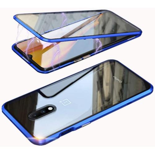 Coque Pour Oneplus 8 Adsorption Magnétique Tech Étui Antichoc Aimant Fort Cadre Aluminium Protection Métal Flip Cover Inclus Avec Verre Trempé Protecteur D'écran Bleu