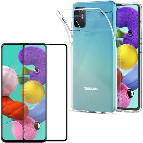 Coque Pour Samsung Galaxy A51 - Verre Trempé Integral Bord Noir Film Protection Ecran - Housse Etui Gel Tpu Silicone Transparent Souple Ultra Mince Anti Choc