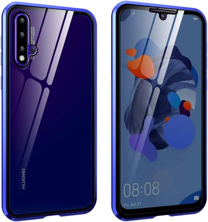 Coque Huawei Nova 5t Pro, Absorption Magnétique Couverture Verre Avant Et Arrière Coque Cadre Métal Super Slim 360 Degrés Protection Coque Pour Huawei Nova 5t Pro, Bleu