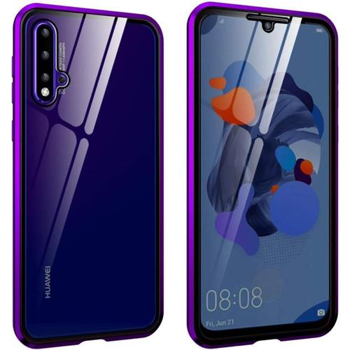 Coque Huawei Nova 5t Pro, Absorption Magnétique Couverture Verre Avant Et Arrière Coque Cadre Métal Super Slim 360 Degrés Protection Coque Pour Huawei Nova 5t Pro, Violet