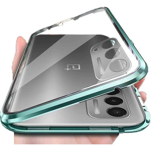 Coque Pour Oneplus Nord N200 5g, Protecteur D'objectif D'appareil Photo Coque Magnétique En Verre Trempé Avant Et Arrière Coque De Protection En Métal À 360 Degrés, Vert