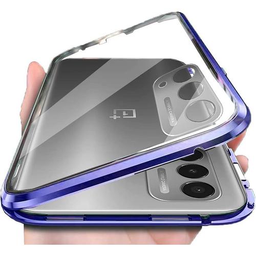 Coque Pour Oneplus Nord N200 5g, Protecteur D'objectif D'appareil Photo Coque Magnétique En Verre Trempé Avant Et Arrière Coque De Protection En Métal À 360 Degrés, Bleu