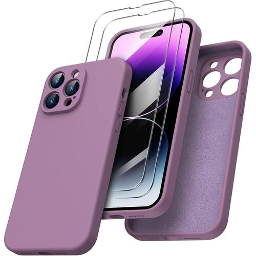 Coque Iphone 14 Pro Max Coque En Silicone Pour Iphone 14 Pro Max 6 7"" Avec 2 Verres Trempés Étui Iphone 14 Pro Max Protection Complète Housse Iphone 14 Pro Max Antichoc Lilas Mauve