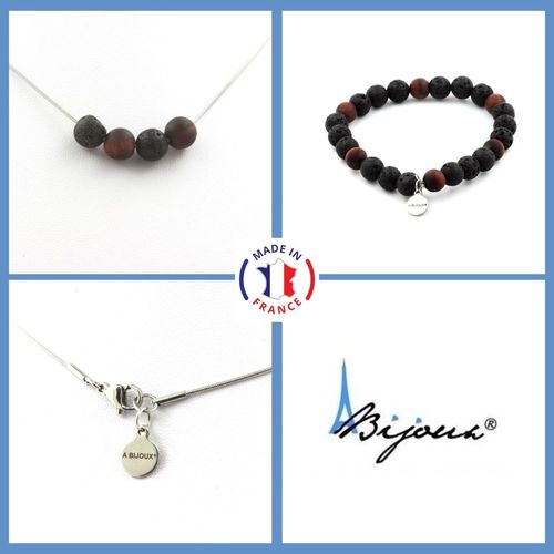 Parure Bracelet Collier Perles Lave + Oeil De Tigre Rouge Mat 8 Mm. Taille Personnalisable.