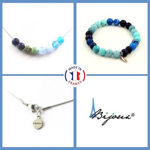 Parure Bracelet Collier Perles Lapis Lazuli + Agate Rubanée Bleu + Taille Personnalisable.