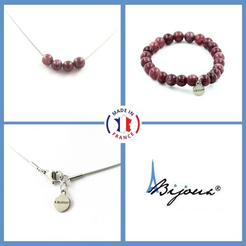 Parure Bracelet Collier Perles Lépidolite 8 Mm. Chaine En Acier Taille Personnalisable.