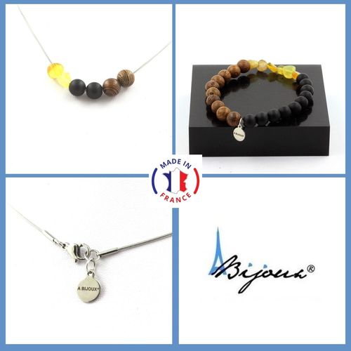 Parure Bracelet Collier Perles Opale Jaune D'australie + Perles Onyx Taille Personnalisable.