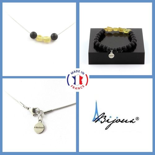 Parure Bracelet Collier Apatite Jaune De Madagascar + Perles Onyx Noir Taille Personnalisable.