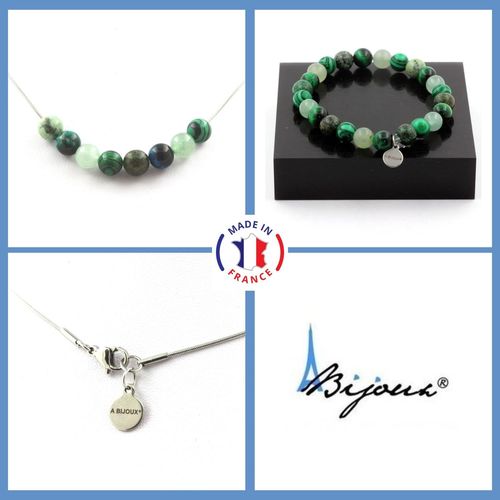 Parure Bracelet Collier Perles Oeil De Tigre Vert + Malachite + Taille Personnalisable.
