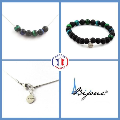 Parure Bracelet Collier Perles Oeil De Tigre Vert + Oeil De Tigre Bleu Taille Personnalisable.