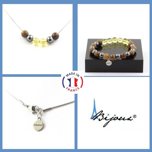 Parure Bracelet Collier Perles Citrine + Hématite + Bois 8 Mm. Chaine Taille Personnalisable.