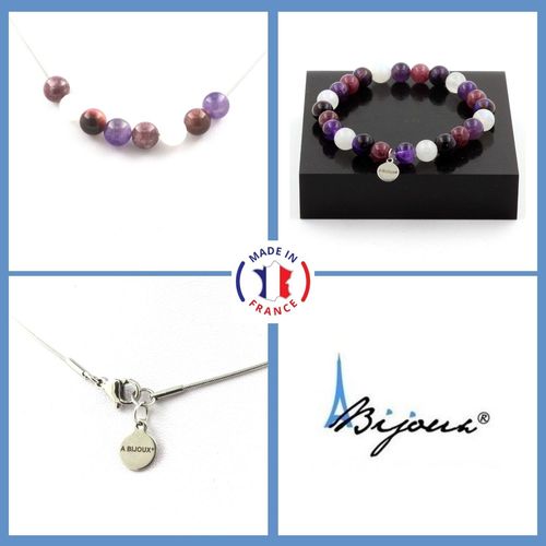 Parure Bracelet Collier Perles Oeil De Tigre Violet + Améthyste + Taille Personnalisable.