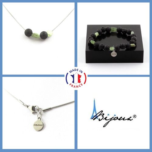 Parure Bracelet Collier Apatite Verte De Madagascar + Perles Lave 8 Taille Personnalisable.