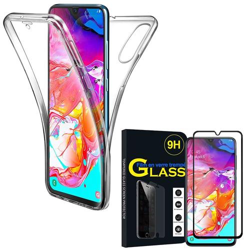 Coque Avant Et Arrière Silicone Pour Samsung Galaxy A70 6.7" 360° Protection Intégrale - Transparent + 1 Film Verre Trempé - Noir