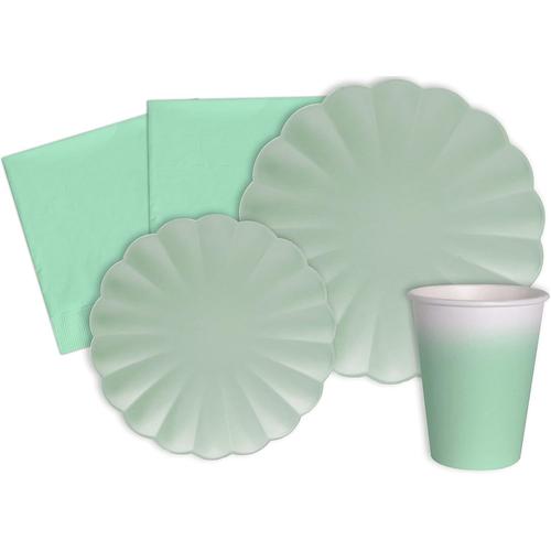 Vert Menthe Vert Menthe Kit Table Fête Party Flower Shape pour 24 Personnes (112 pièces: 24 Assiettes Ø23cm, 24 Assiettes Ø18cm, 24