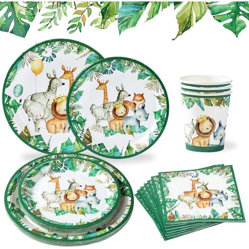 Animaux Verts Animaux Verts Jungle Animaux Thème Party Vaisselle Pour 24 Invités, 96pcs Kit Vaisselles Anniversaire Jetable Assiette Dîner