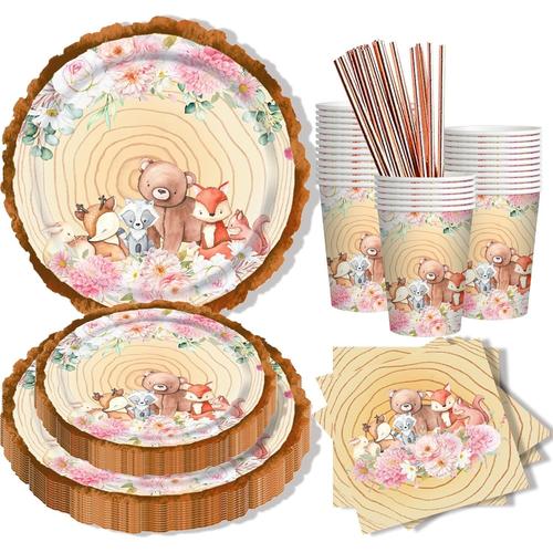 120 pièces 120 pièces Assiette Baby Shower Anniversaire Fille, 120 Pièces Rose Fleur Assiettes Carton Tasse Serviette Paille Vaisselle set