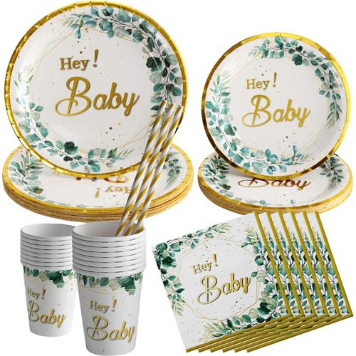 Assiette Baby Shower,100 Pièces Vaisselle Fête Baby Decoration,Vaisselle Anniversaire Set,Papier Jetables, Gobelets, Serviettes,