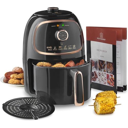 Grey Air Fryer Friteuse sans huile, technologie de friture VORTX, minuter et température réglable de 80°C à 200°C, 1000 W, 2,0 litres, noire - livre de recettes inclus