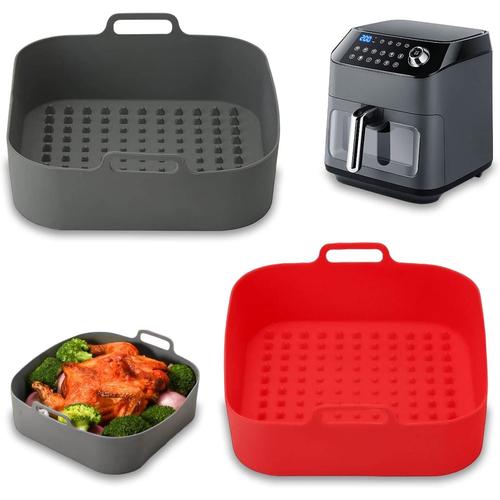 Rot+grau 2 Pièces Moule Silicone Air Fryer, 20 cm Accessoire Airfryer, Air Fryer Moule, Panier Friteuse en Silicone, Air Doublure de Four à Friteuse, Air Fryer Pot pour Four à Micro Ondes,