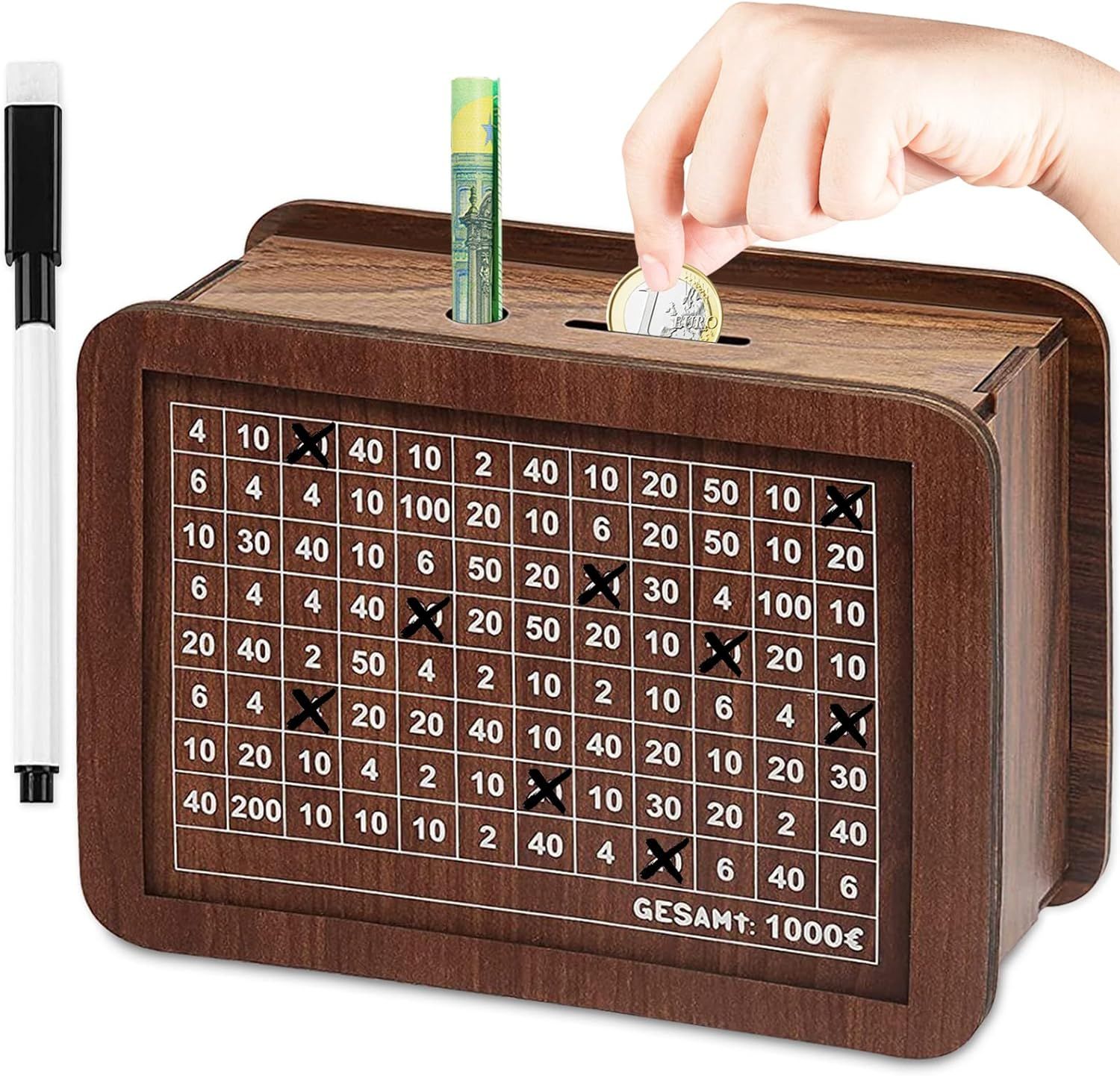 Tirelire En Bois Avec Compteur - Objectif 1000/3000/5000 €, Réutilisable, Cadeau épargne