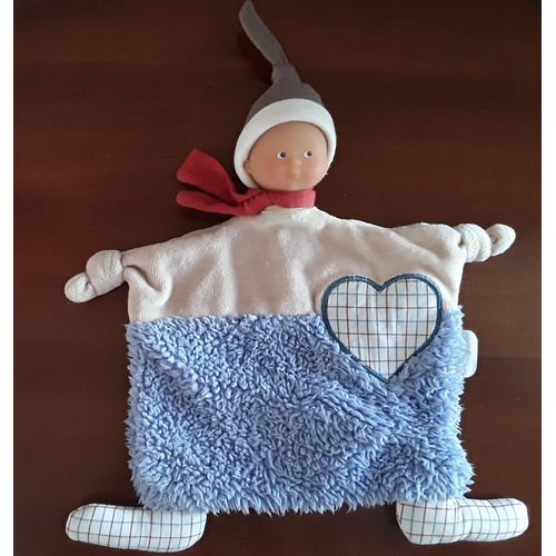 Doudou Lutin Poupon Poupée Garçon Corolle 2008 Plat Bleu Beige Coeur