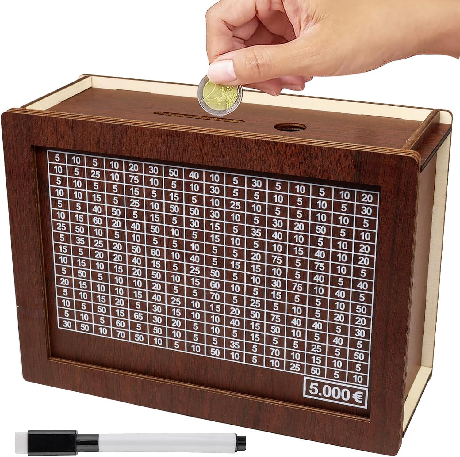 Tirelire Réutilisable Adulte Tirelire En Bois Avec Compteur - Épargne Réutilisable Pour Adultes Et Enfants, Objectif 5000€ Tirelire Bois Avec Compteur