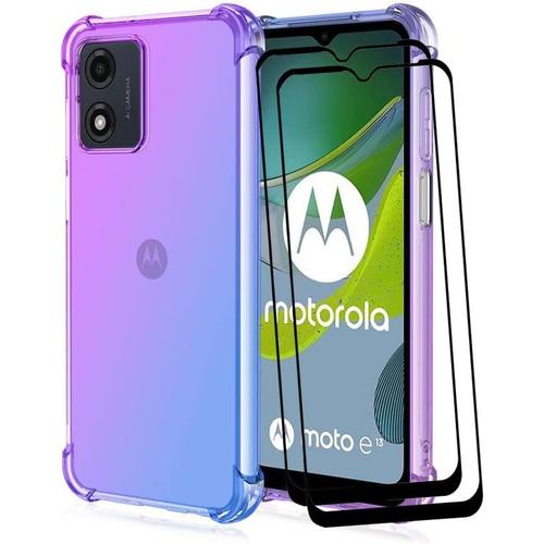 Housse Pour Motorola Moto E13 Gradient Color Tpu Case +2 Films Protection En Verre Trempé Antichoc Coque Bleu Violet