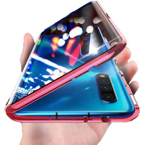 Coque Pour Oppo Find X2 Lite/Reno 3 5g Cover 360 Degrés Protection Étui Magnétique Adsorption Intégré Caméra Vitre Protecteur Flip Case Métal Bumper Transparent Verre Trempé Cover Housse,Rouge