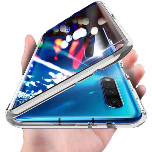 Coque Pour Oppo Find X2 Lite/Reno 3 5g Cover 360 Degrés Protection Étui Magnétique Adsorption Intégré Caméra Vitre Protecteur Flip Case Métal Bumper Transparent Verre Trempé Cover Housse,Argent