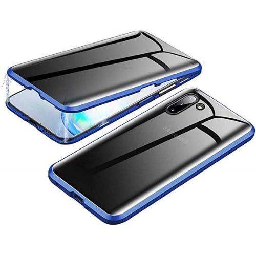 Anti-Peep Coque Pour Samsung Galaxy Note 10 Case Anti-Espion Cover 360 Degrés Protection Adsorption Magnétique Étui Métal Cadre Intimité Protection Verre Trempé Couverture Anti-Regards,Bleu