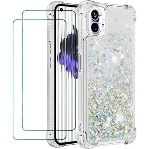 Pour Nothing Phone 1 Coque Glitter Paillette Brillant Floating Liquide Housse Avec 2 Protecteur D'écran Transparent Silicone Antichoc Cover Coque Pour Nothing Phone 1 Argent