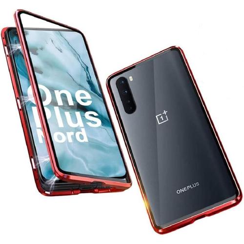 Coque Pour Oneplus Nord 5g Coque 360 ¿¿¿¿Degrés Avant Et Arrière Protection Complète Anti Rayures Coque En Verre Trempé Transparent Pare Chocs En Métal Avec Couvercle D'adsorption Magnétique, Rouge