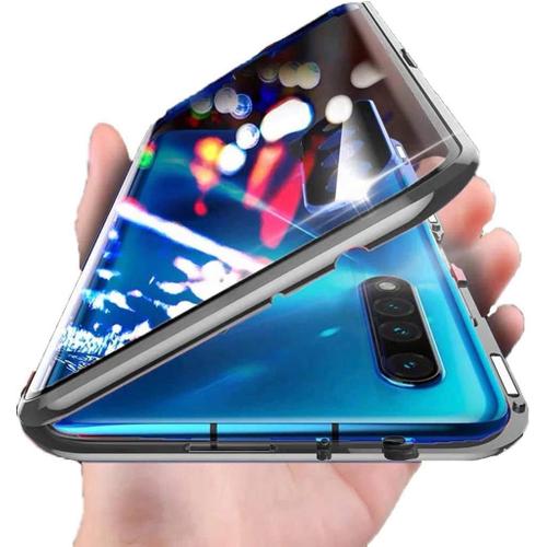 Coque Pour Oppo Find X2 Lite / Reno 3 5g Cover 360 Degrés Protection Étui Magnétique Adsorption Intégré Caméra Vitre Protecteur Flip Case Métal Bumper Frame Transparent Verre Trempé Cover Housse,Noir