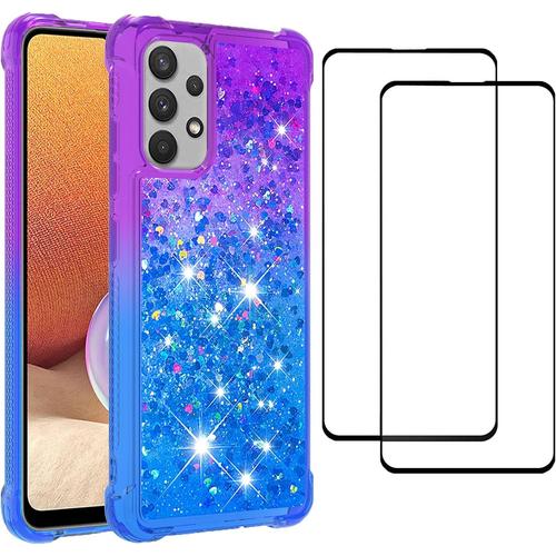 Coque Pour Samsung Galaxy A32 4g Et 2 Protecteur D'écran Mouvants Liquide Glitter Bling Transparent Tpu Silicone Bumper Antichoc Housse Cover Pour Samsung Galaxy A32 4g Violet/Bleu