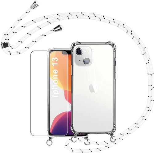 Coque Avec Corde Pour Iphone 13 Coque Transparente Et Protecteur D'écran, Coque En Silicone Souple Collier Pendentif Réglable Lanière Sangle Coque Pour Apple Iphone 13 6.1"" Blanc