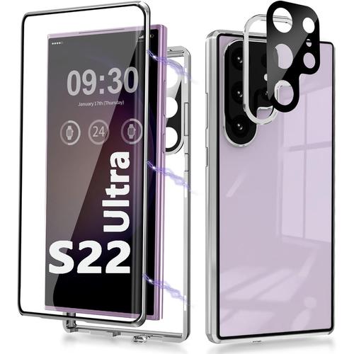 360 Degrés Coque Pour Samsung Galaxy S22 Ultra 5g Magnétique Housse Antichoc Double Face Transparent Verre Trempé Etui, Armature En Métal Bumper Pour Samsung S22 Ultra Coque Integrale - Argent