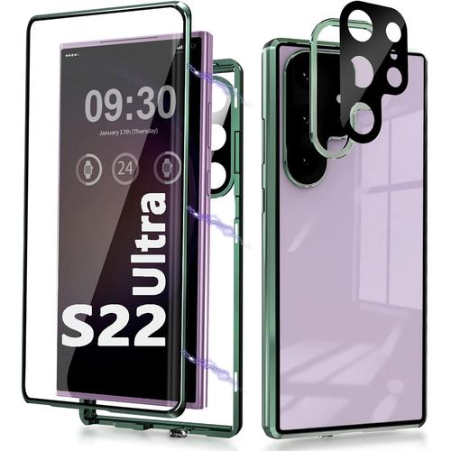 360 Degrés Coque Pour Samsung Galaxy S22 Ultra 5g Magnétique Housse Antichoc Double Face Transparent Verre Trempé Etui, Armature En Métal Bumper Pour Samsung S22 Ultra Coque Integrale - Vert