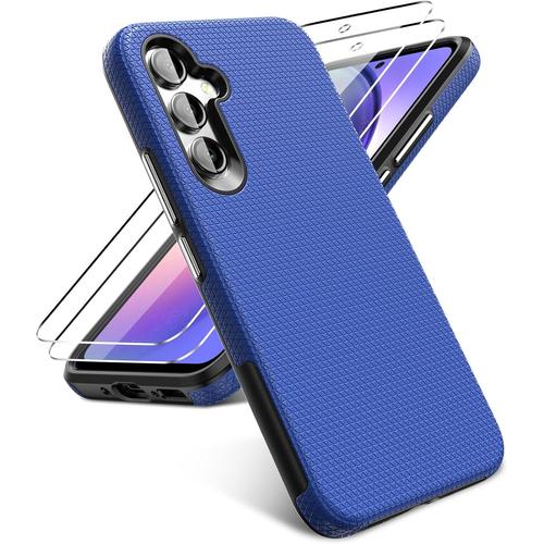 Coque Pour Samsung Galaxy A54 5g, 2 Pcs Verre Trempé, Housse De Protection Double Couche Pour Téléphone Portable Antichoc Et Robuste Avec Dos Texturé Antidérapant - Bleu